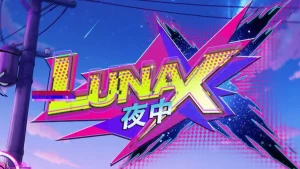 Pemandangan visual neon futuristik dari slot Luna X dengan karakter anime utama