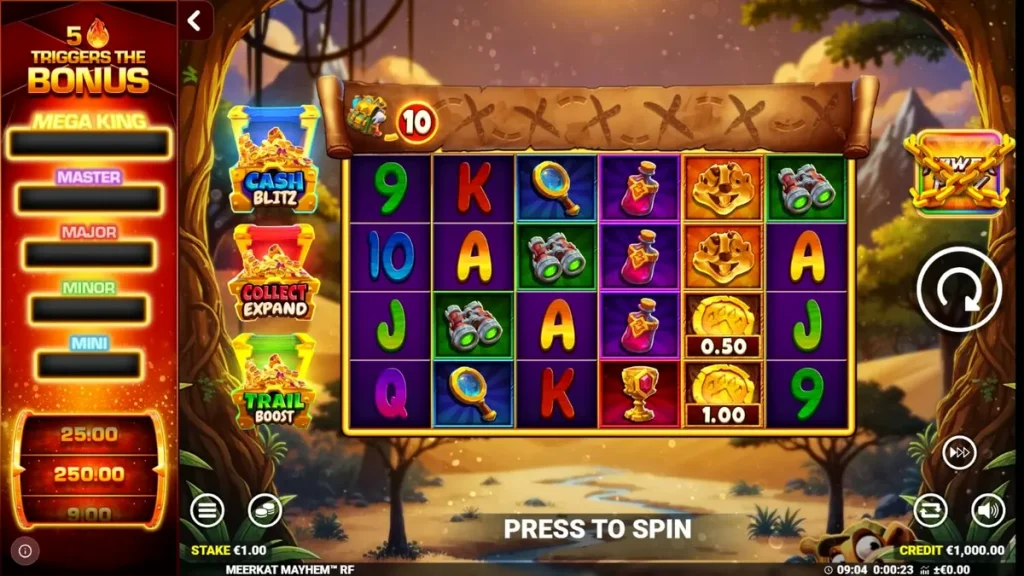 Tampilan visual slot Meerkat Mayhem dengan latar belakang gurun dan simbol harta karun
