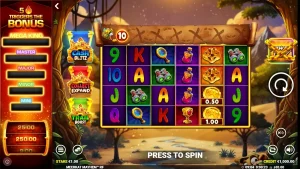 Tampilan visual slot Meerkat Mayhem dengan latar belakang gurun dan simbol harta karun