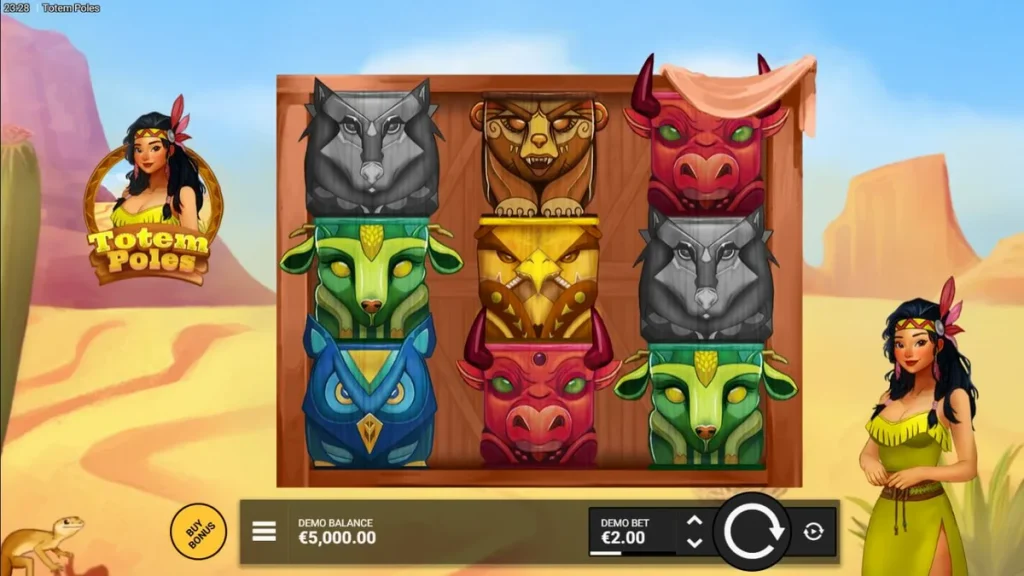 Tampilan visual slot Totem Poles dengan simbol totem dan latar belakang hutan.