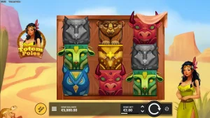 Tampilan visual slot Totem Poles dengan simbol totem dan latar belakang hutan.