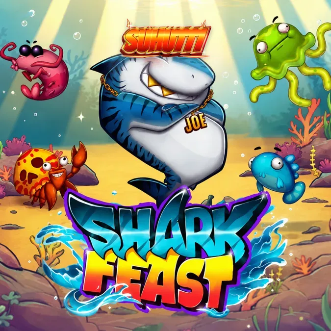 Tampilan grid 6x6 pada slot Shark Feast dengan elemen visual bawah laut yang ceria